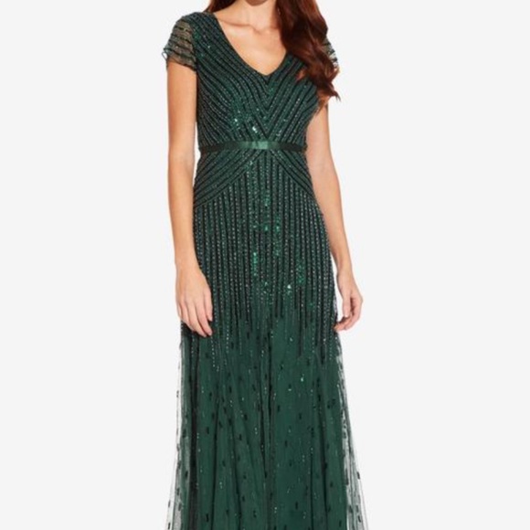 ISO Adrianna Papell BEADED V-NECK GOWN IN DUSTY EMERALD - Picture 1 of 1